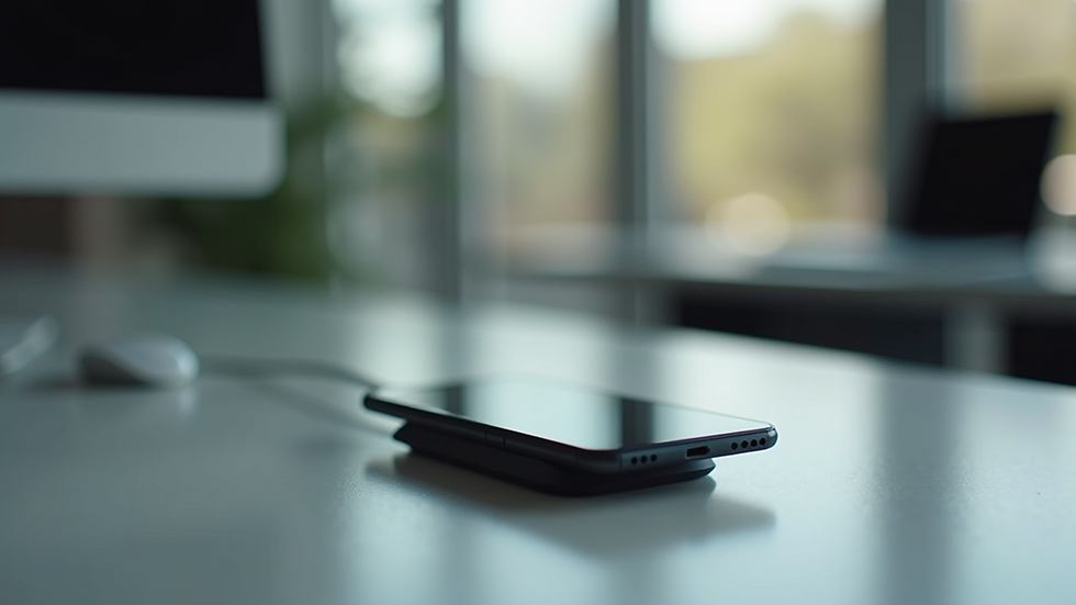 Close-up view of wireless charging station on a sleek office desk