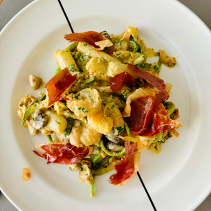 Romige groenten pasta surf & turf