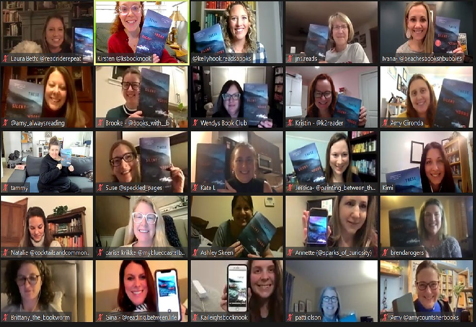 A virtual Zoom call with 25 participants each holding their copy of These Silent Woods.