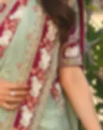A lotus and cow motif work on a saree border and blouse
