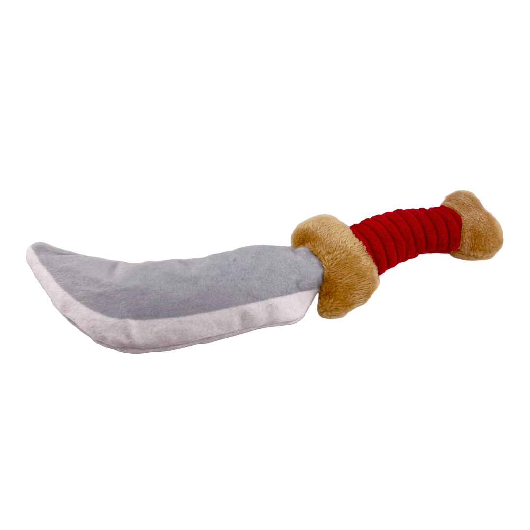 A plush, dagger-shaped cat toy filled with premium catnip, designed to resemble a rogue's dagger for engaging feline play.