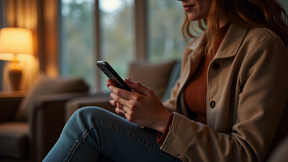 Close-up view of a person using a smartphone in a cozy environment