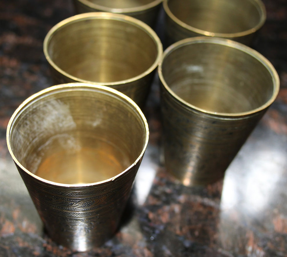 Miniature : Preloved Vintage Set of Five Brass Tumblers , Brass Shot-glasses , Brass Beakers