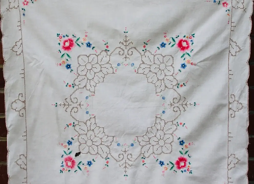 Preloved Cross-stitch Tablecloth, Floral Tablecloth, Flower Tablecloth