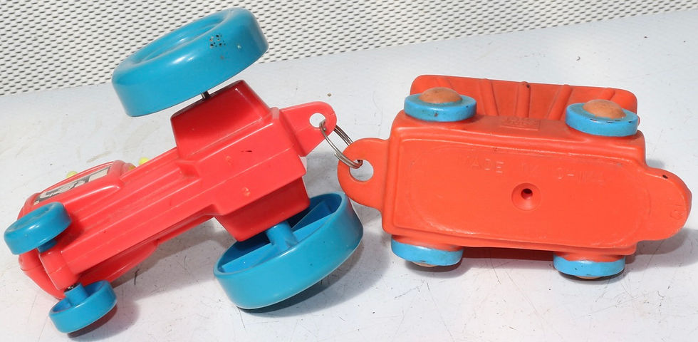 Thumbnail: Preloved Vintage plastic Jolly Toys toy tractor with a pull-along trailer