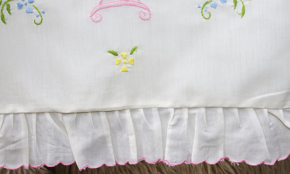 縮圖：Preloved Embroidered floral cushion cover with ruffle edges.