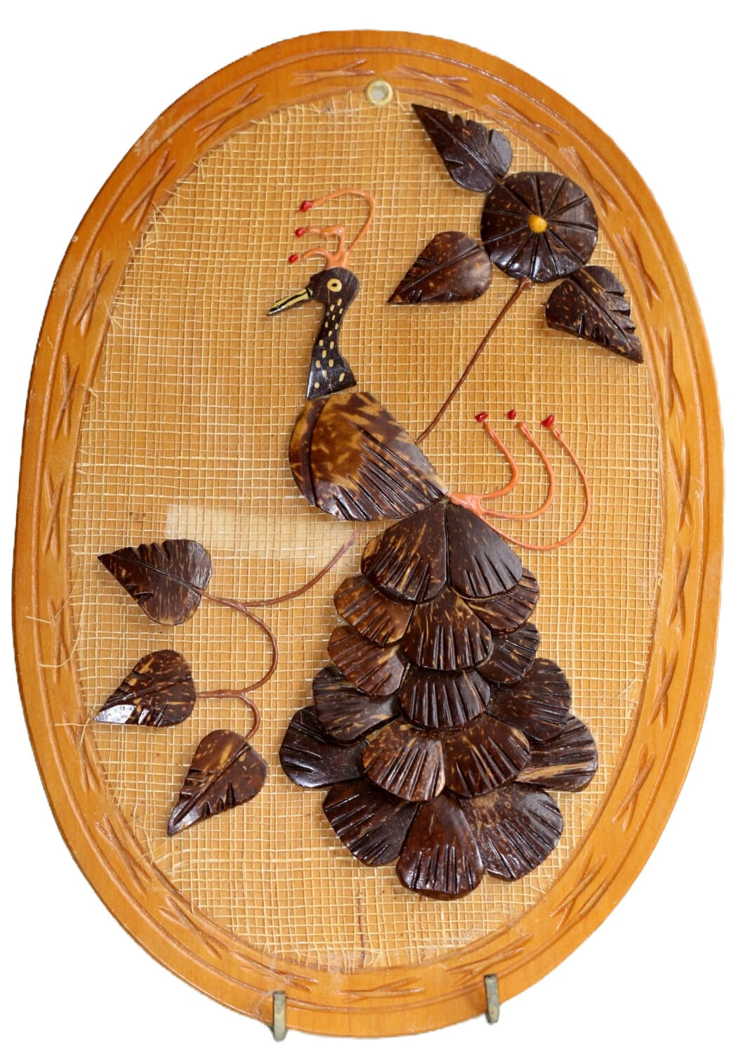 Preloved Kitsch Rattan and Wood Peacock Picture