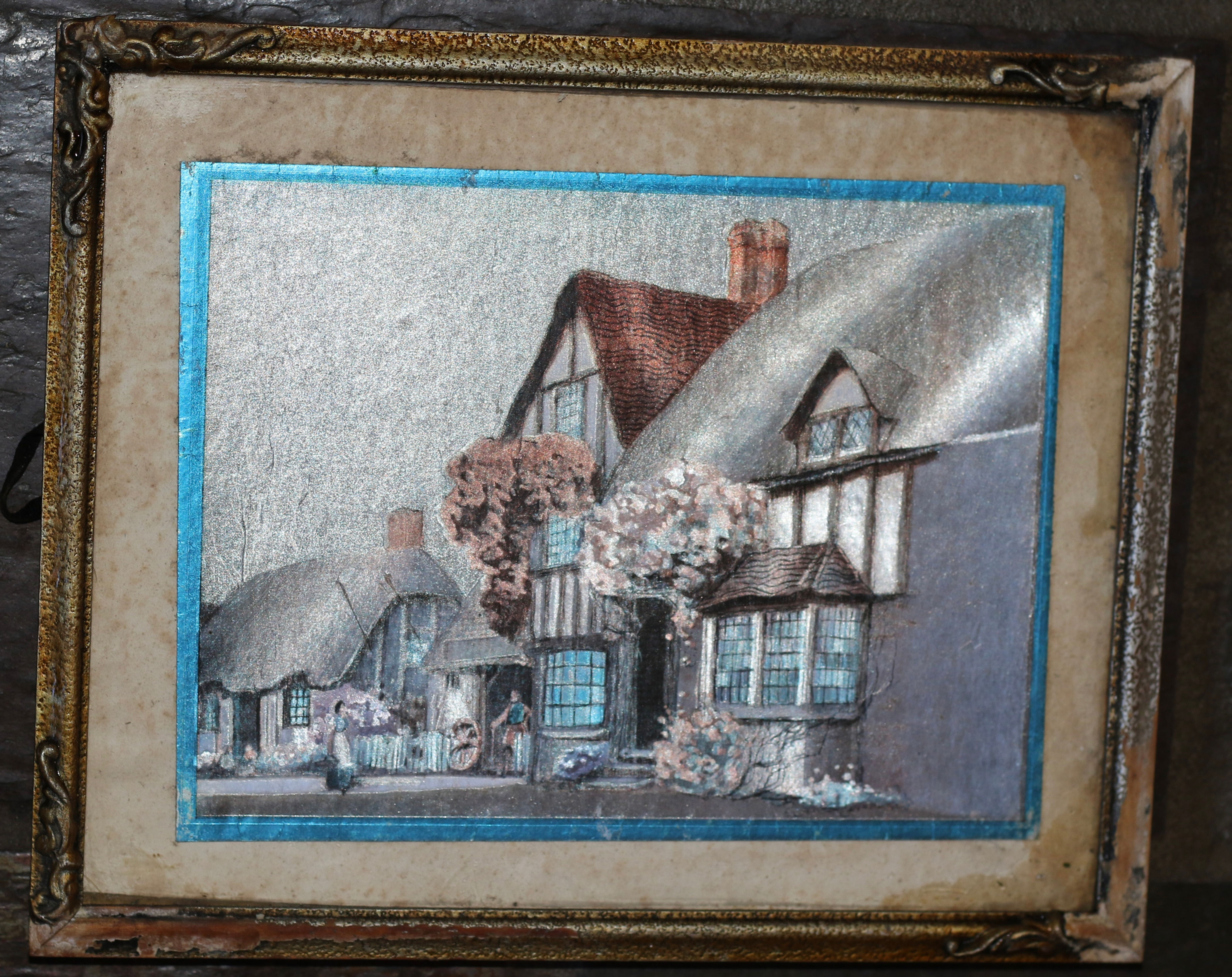 Vintage Ernest Uden Foil Art, English Cottage Scene in Original Frame