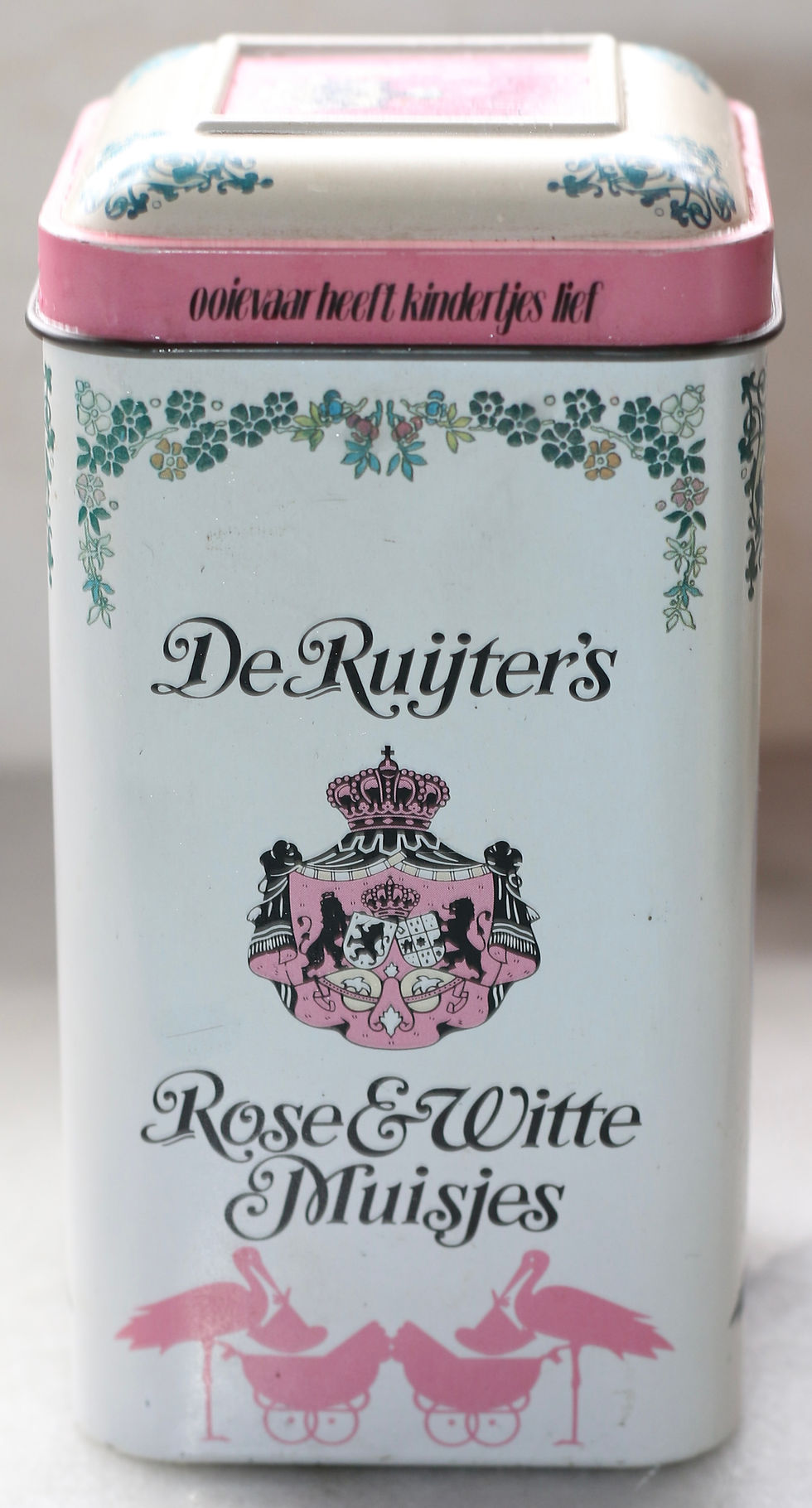Thumbnail: Preloved Vintage New Baby De Ruijter "Roze & Witte Muisjes" New Baby Storks tin