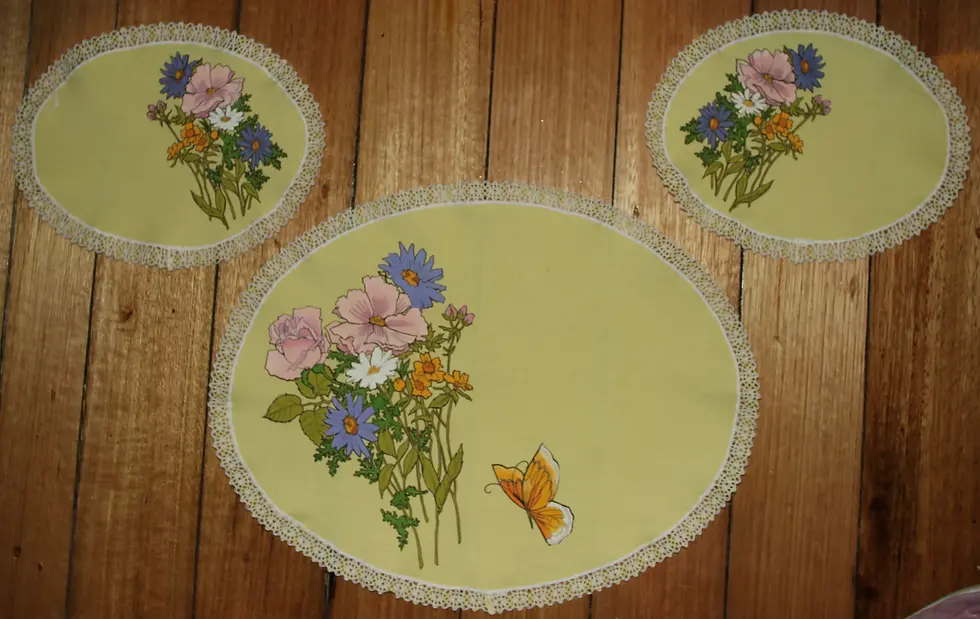 Thumbnail: Preloved Floral Centrepiece with two doilies, tablemat with two doilies