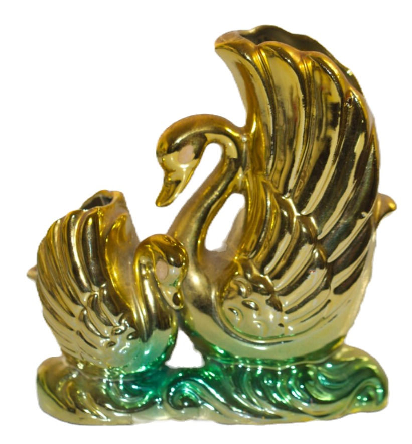 Preloved Lustre Double Swan Vase, Gold Lustreware Swan Vase