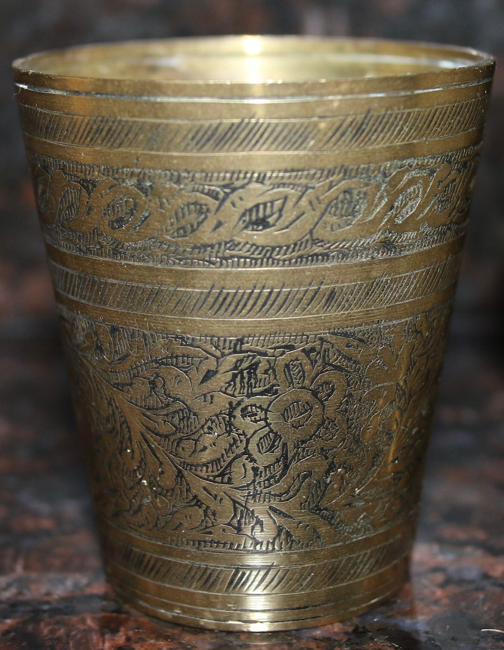 Preloved Vintage Set of Five Brass Tumblers , Brass Shot-glasses , Brass Beakers