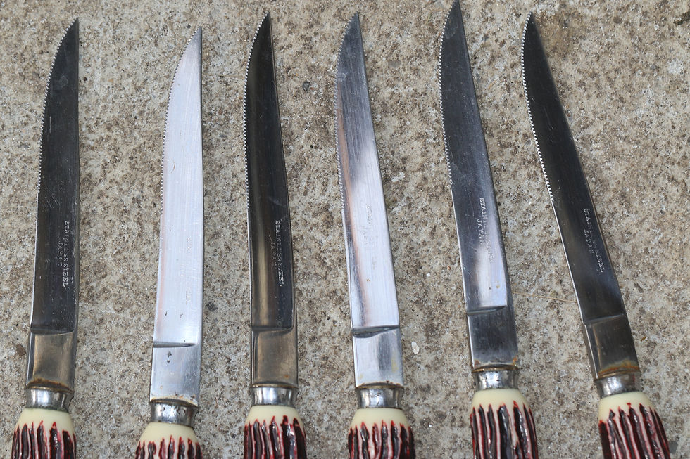 Miniatura: Preloved Vintage Faux Bois Plastic Handled Knives, Fake Antler Knives