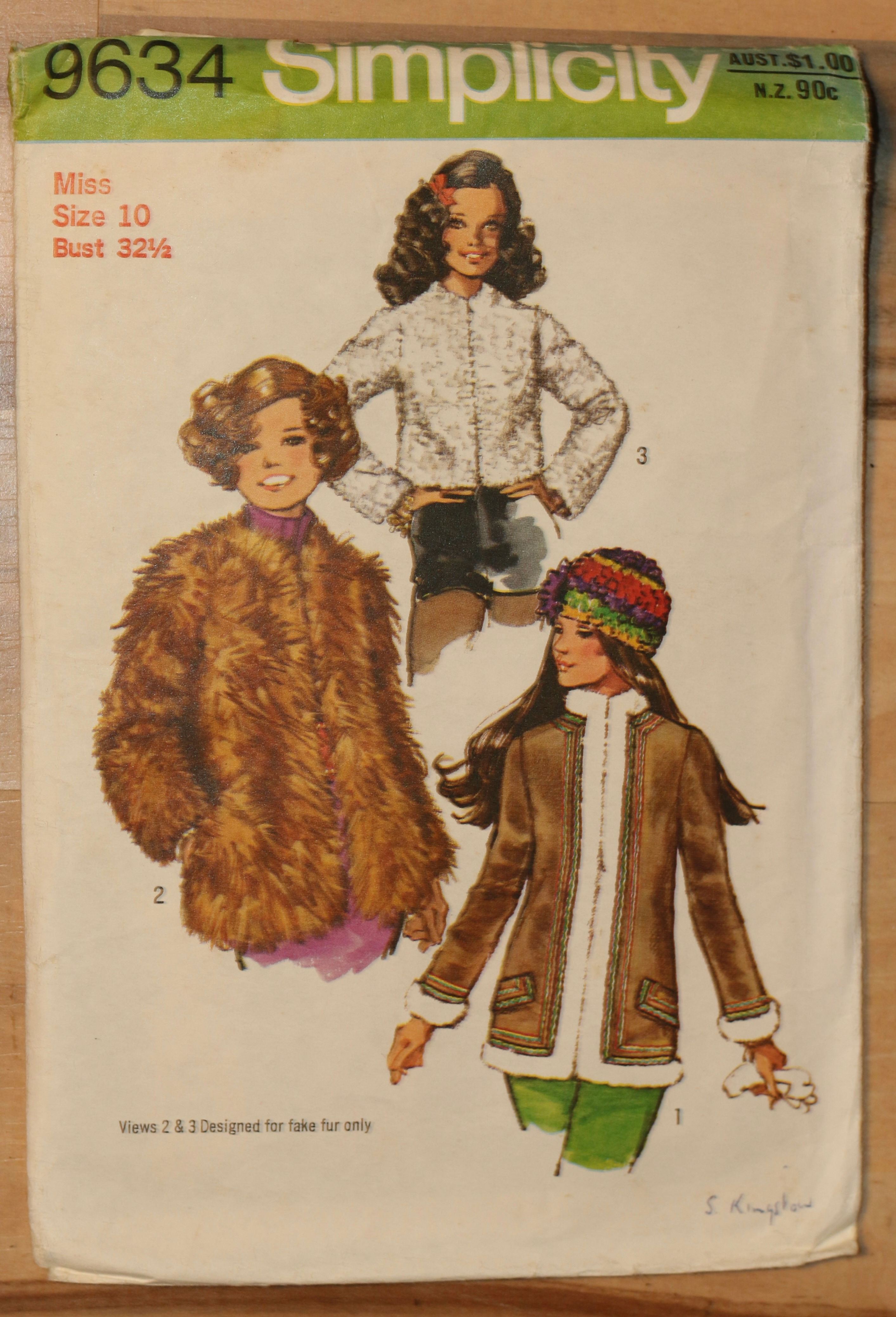 Vintage Simplicity 9634 sewing pattern for misses' vintage jacket, faux fur