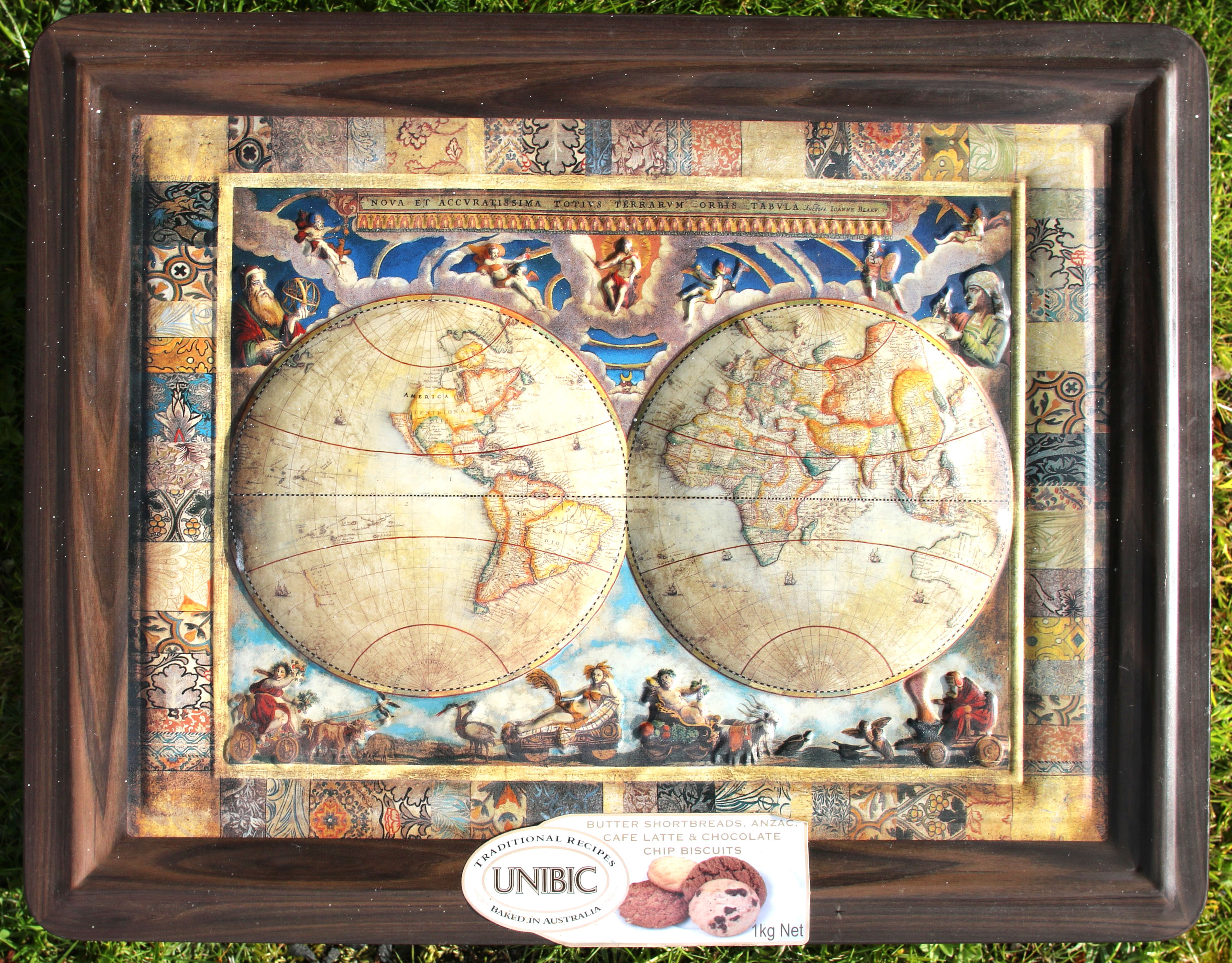 Preloved Large Old World Map Tin, Unibic Biscuit Tin