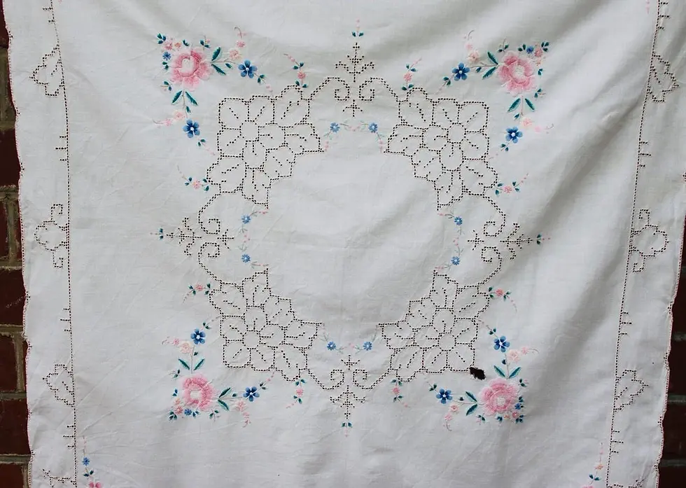 Miniatura: Preloved Cross-stitch Tablecloth, Floral Tablecloth, Flower Tablecloth