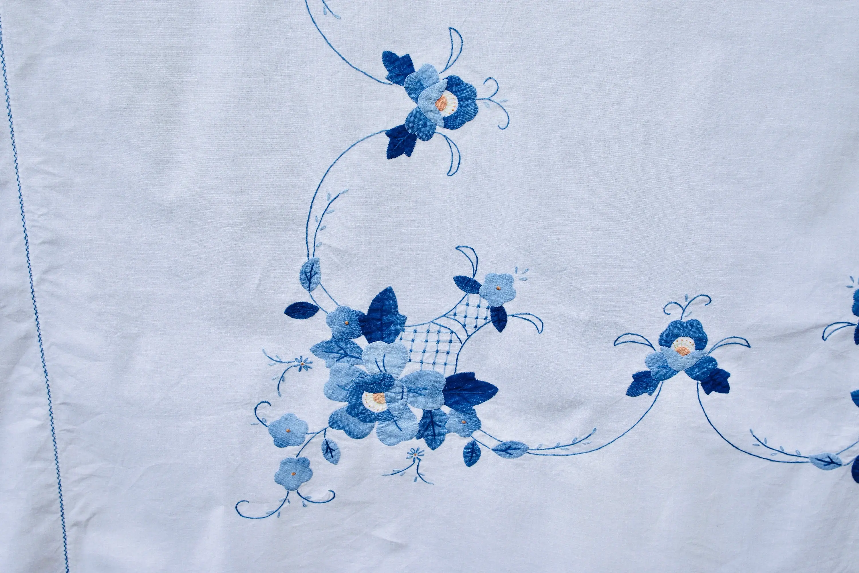 Preloved Motif Linen Tablecloth, Floral Tablecloth, Leaf Motif Tablecloth