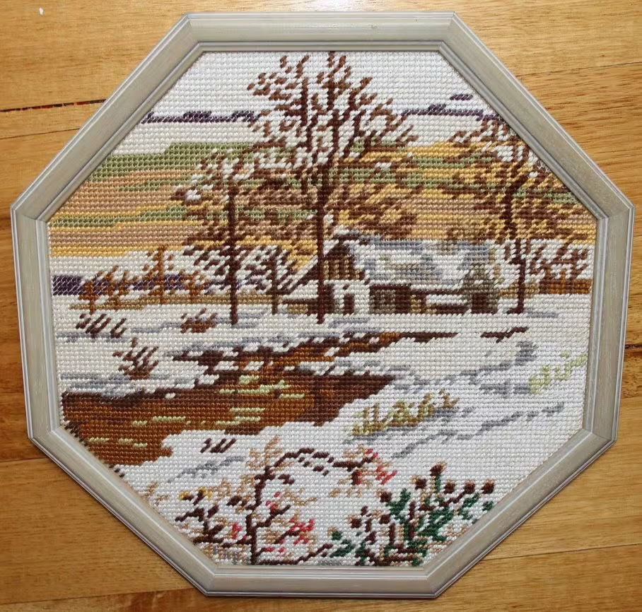 Preloved Framed Needlework of Winter Scenery