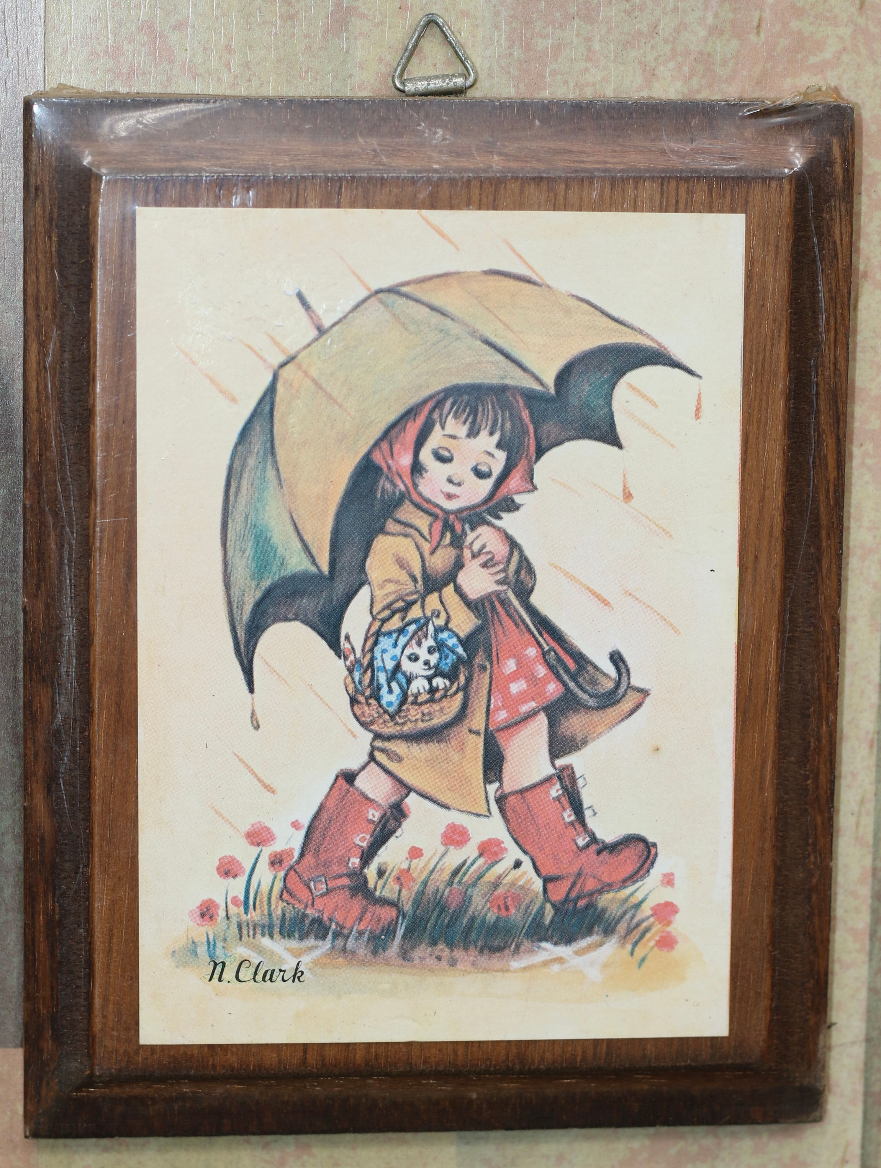 Preloved Retro Child in the rain picture, N. Clark. Original Packaging