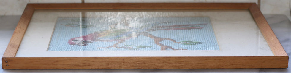縮圖：Preloved vintage framed needlepoint tapestry depicting a parrot on a branch.