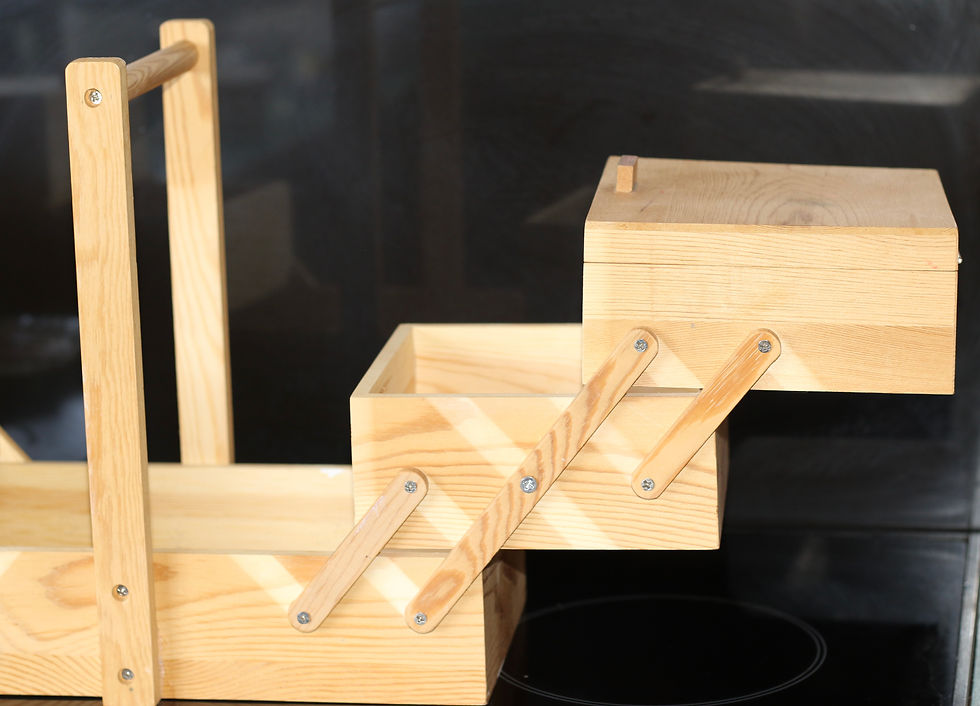 Μικρογραφία: Preloved Wooden Accordian Sewing Box, Fold Out Sewing Box, Cantilever Sewing Box