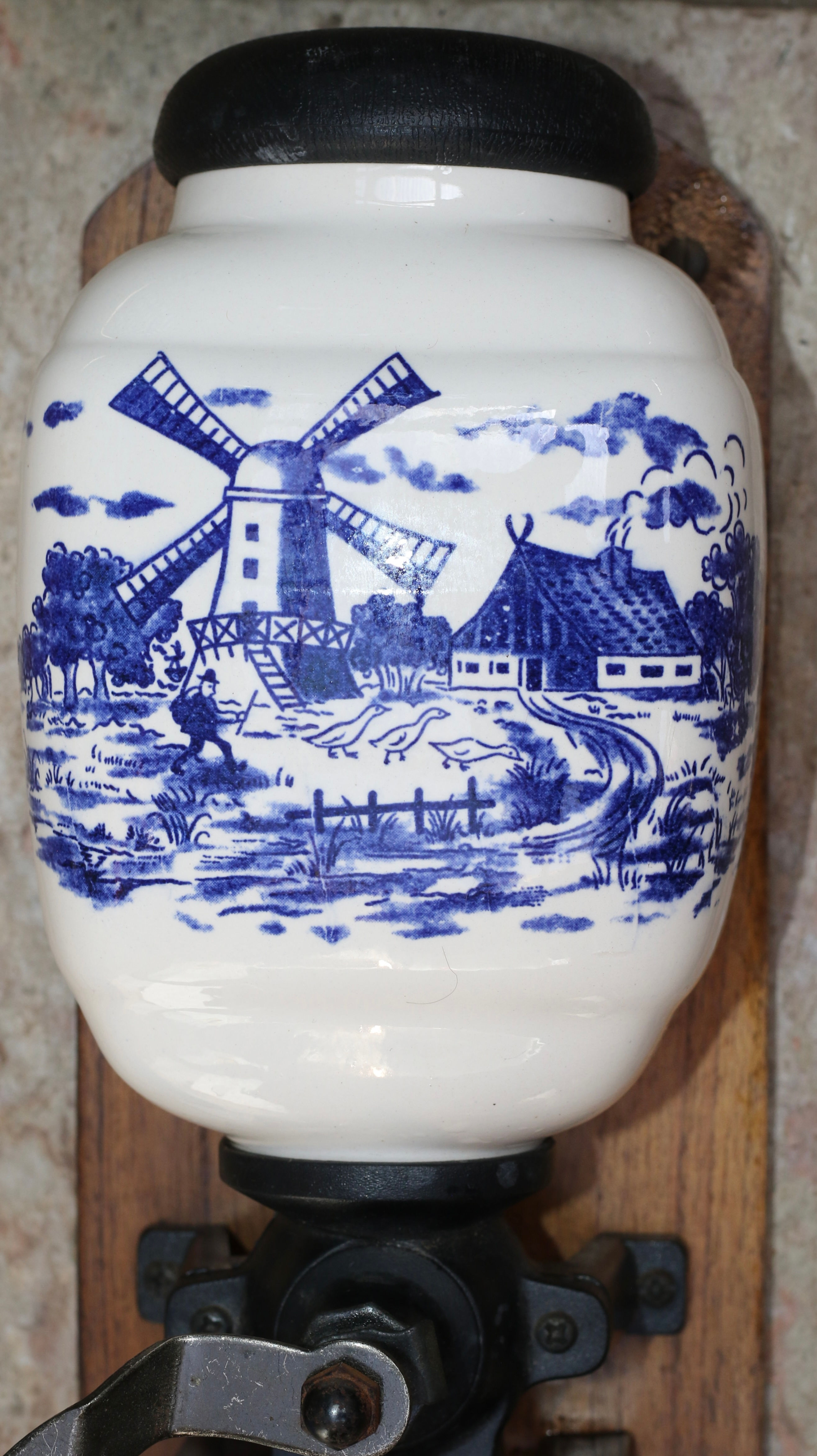 Vintage Delft blue and white windmill ceramic wall-mounted coffee grinder