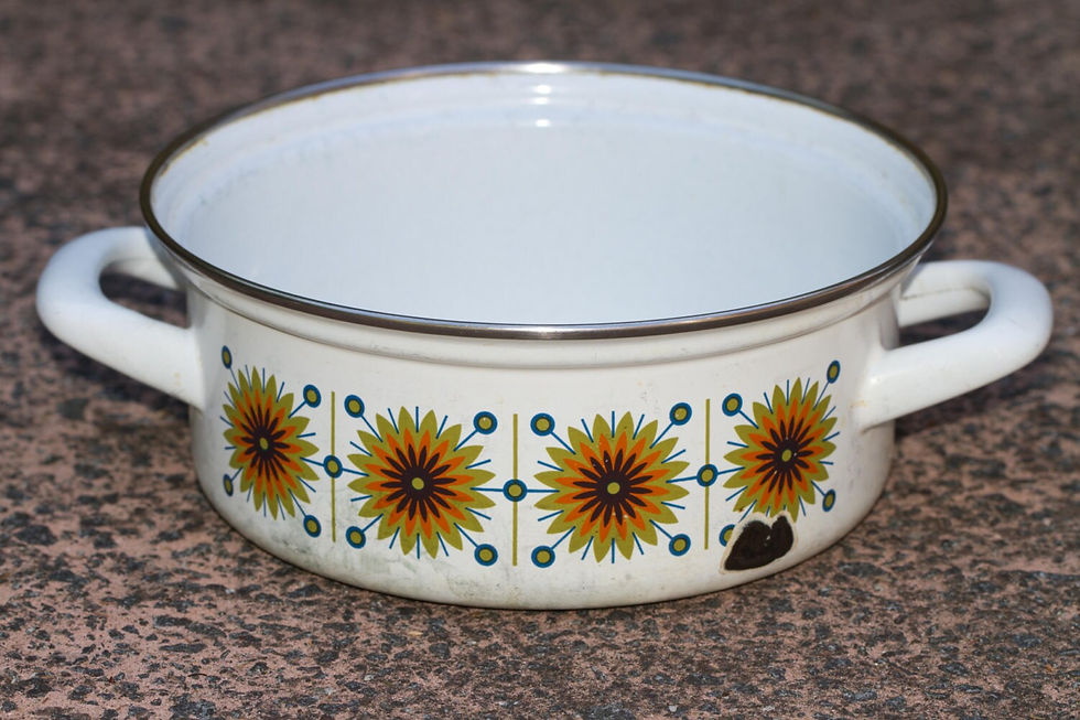 Miniature : Preloved Enamelware Casserole Dish - Retro Starburst Casserole Dish