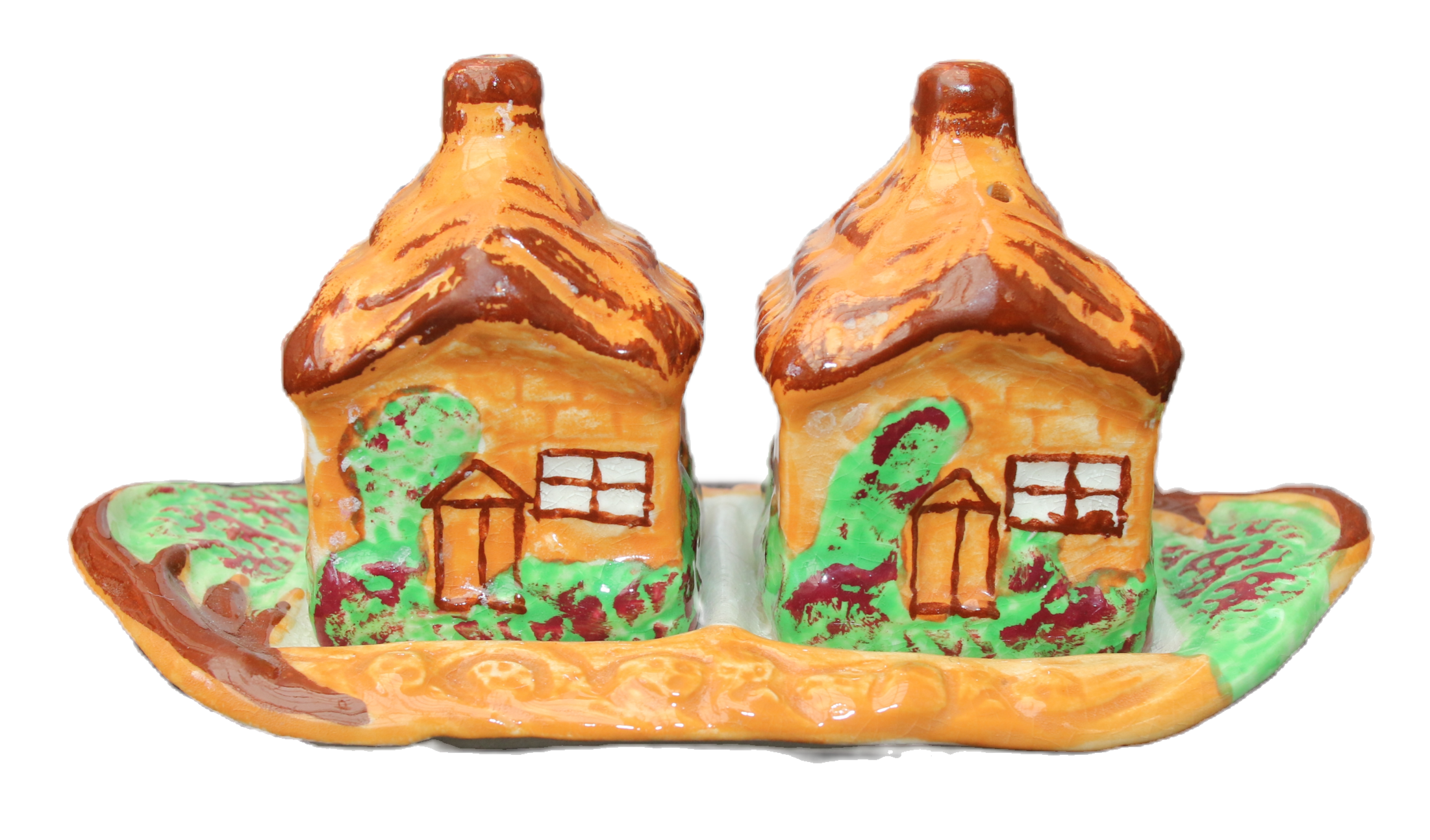 Preloved Ceramic Westminster Salt and Pepper Shakers on a Tray