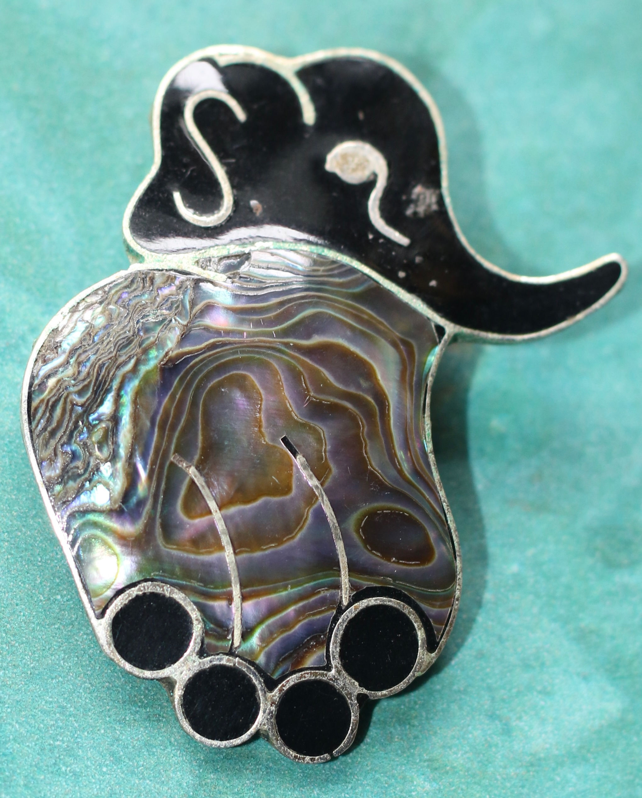 Preloved enamelled metal and abalone shell elephant brooch