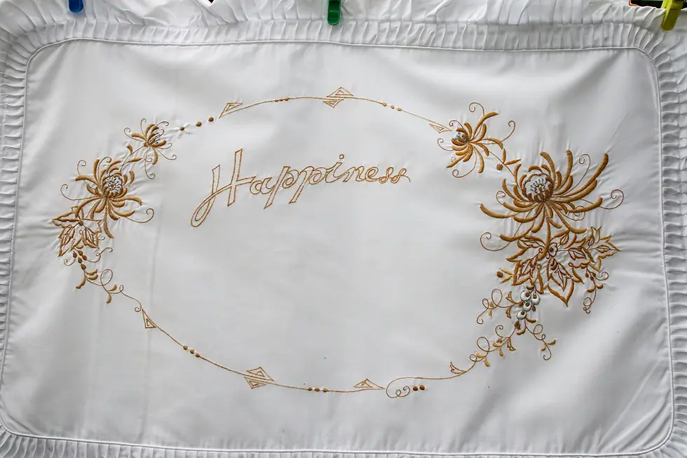 Miniature : Preloved Vintage Embroidered Happiness pillow case, Flower Pillowcase