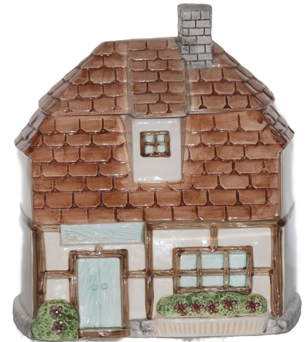 Preloved Ceramic biscuit barrel, House Cookie Barrel, House Biscuit Barrel