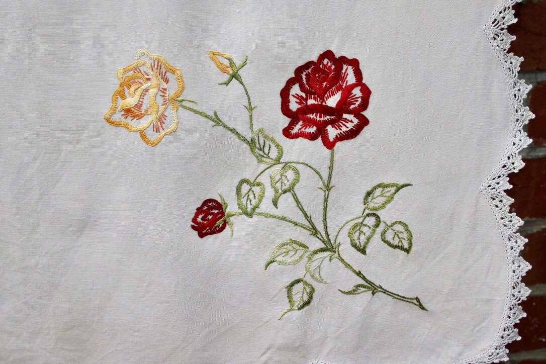 Preloved Embroidered tablecloth with lacing edging, Floral Tablecloth