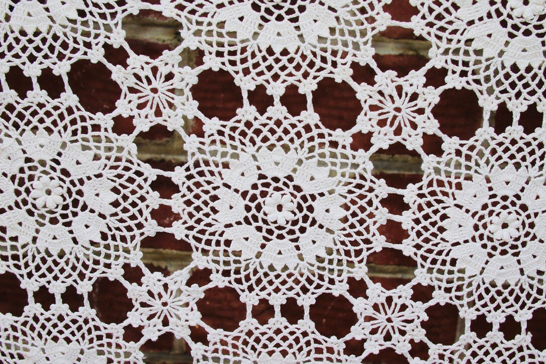 Preloved Vintage Crochet Lace tablecloth, Crochet Tablecloth, Rectangular Tablec