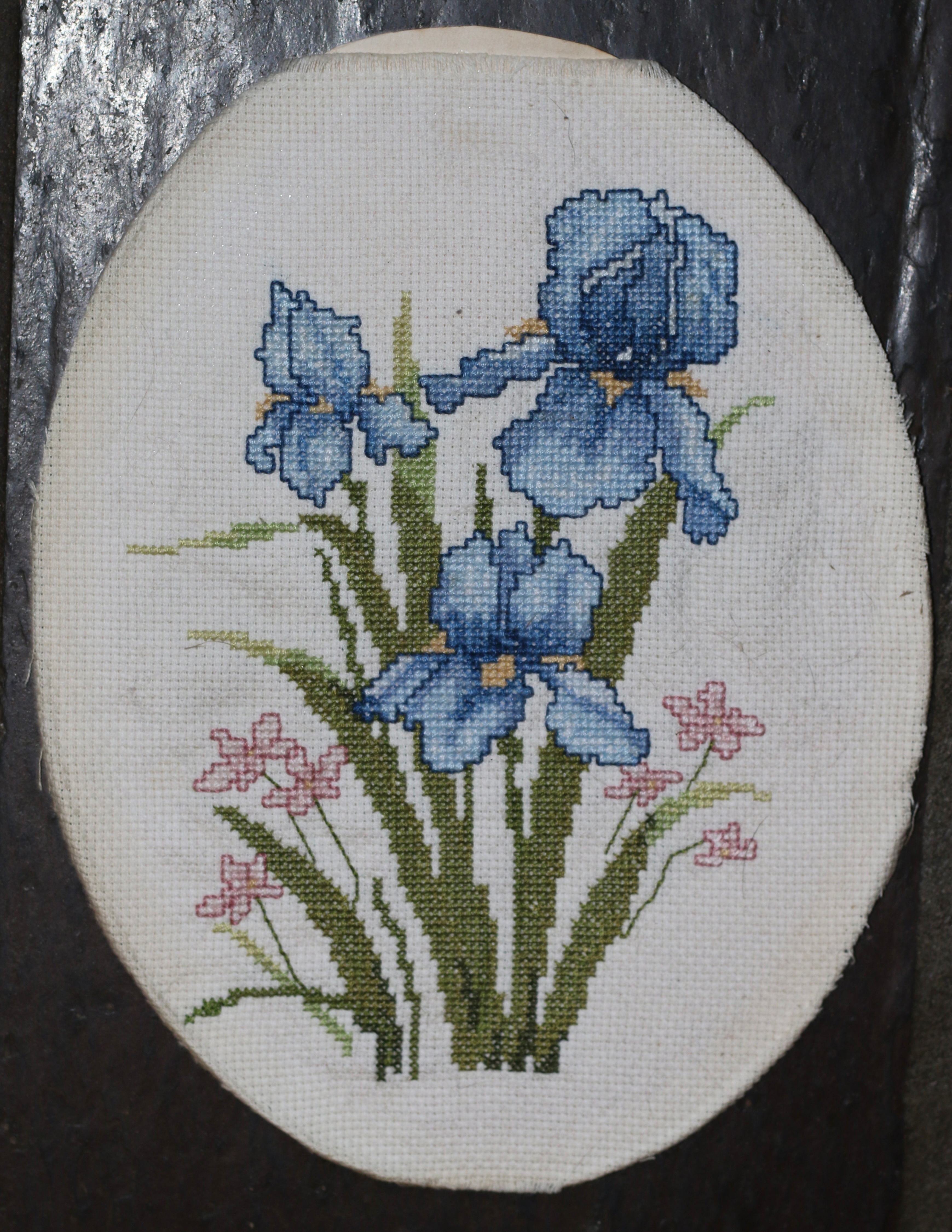 Preloved Needlework Bouquet of Blue Irises on an oval background