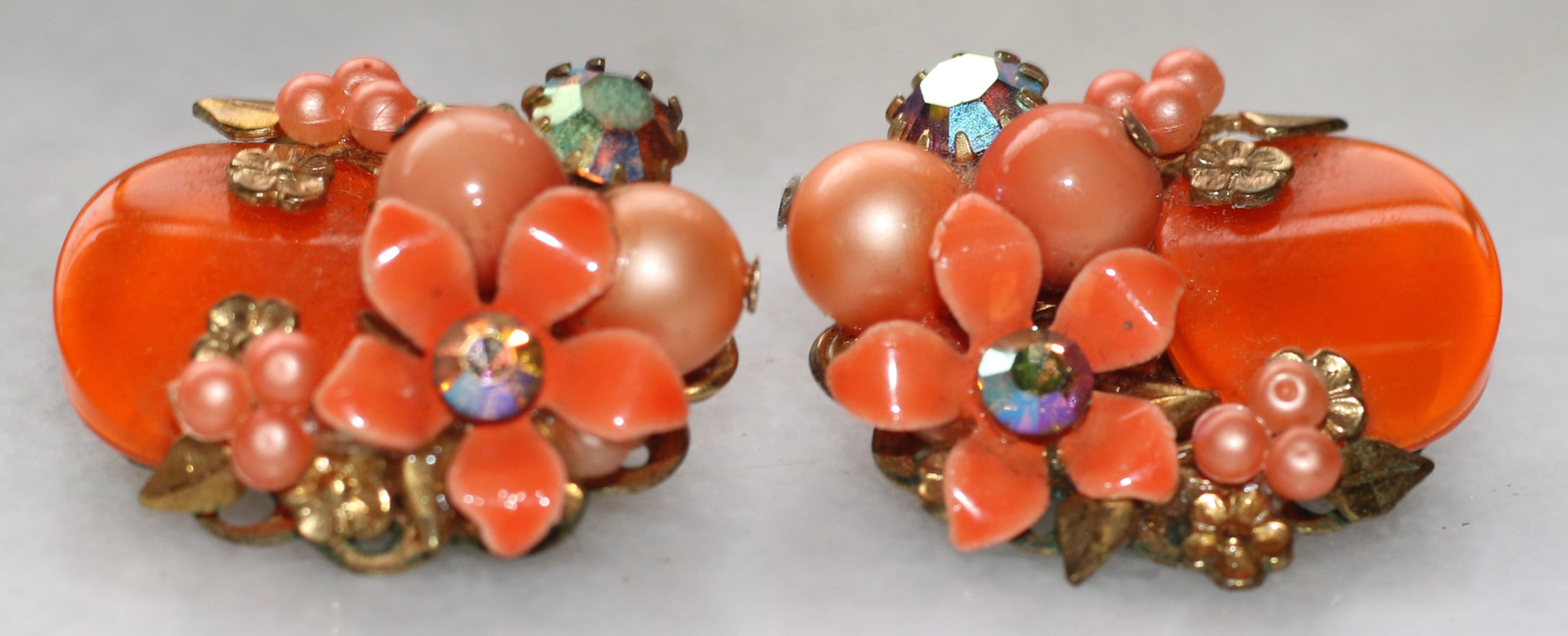 Preloved Vintage Clip-on Metal Earrings, Vintage Floral Earrings