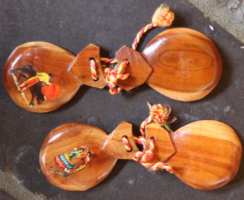 Thumbnail: Preloved vintage, unbranded Spanish wooden castanets - Matador & Flamenco Dancer
