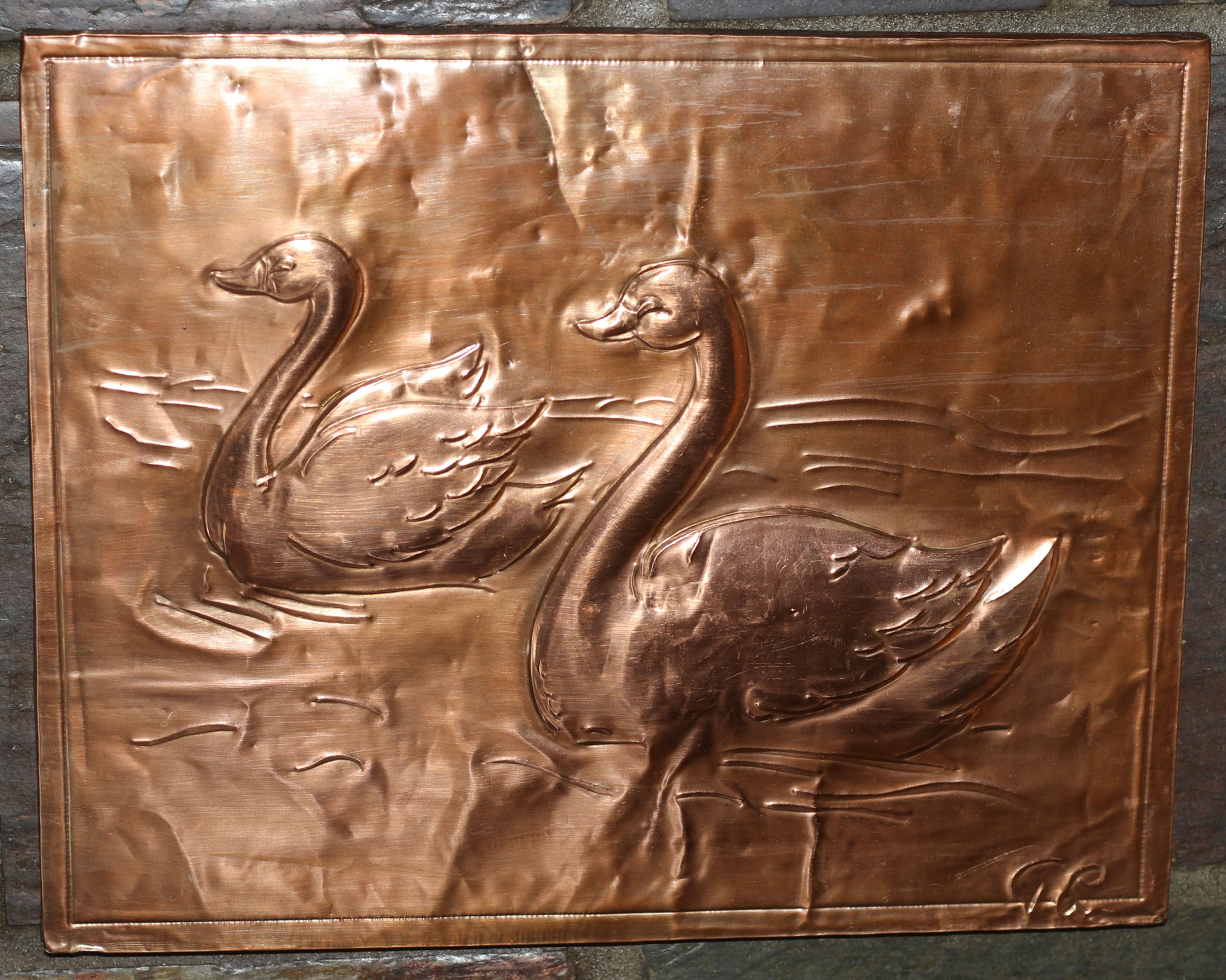 Preloved vintage copper-embossed swan plaque, Vintage copper picture