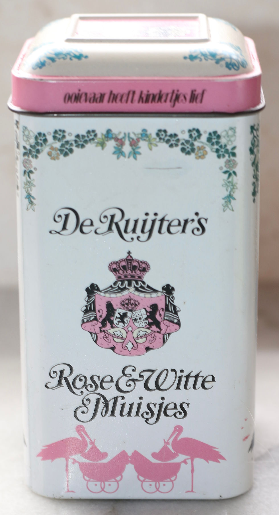 Thumbnail: Preloved Vintage New Baby De Ruijter "Roze & Witte Muisjes" New Baby Storks tin