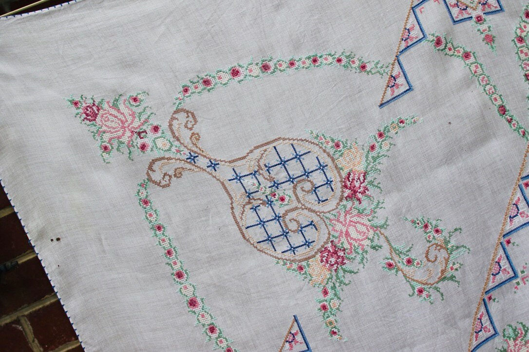 Preloved Cross-stitch Tablecloth, Floral Tablecloth, Flower Tablecloth