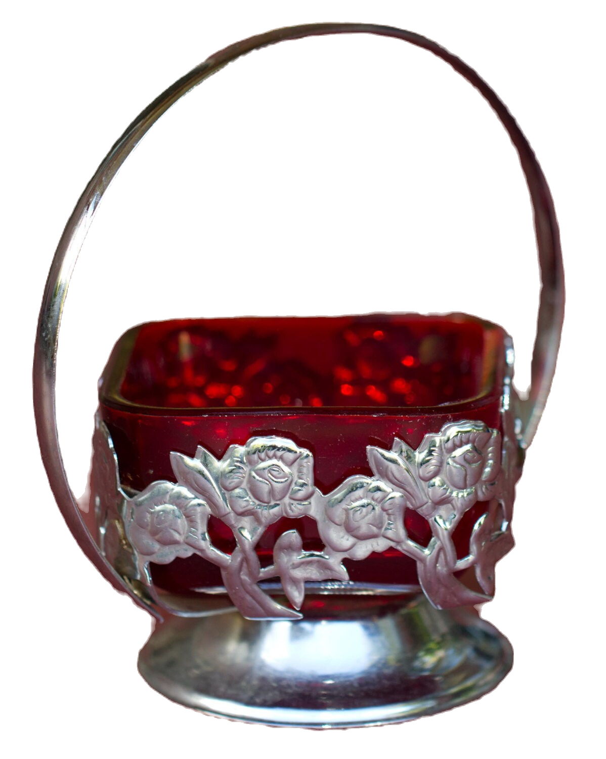 Preloved Vintage Ruby Red Glass Sugar Bowl On Metal Stand