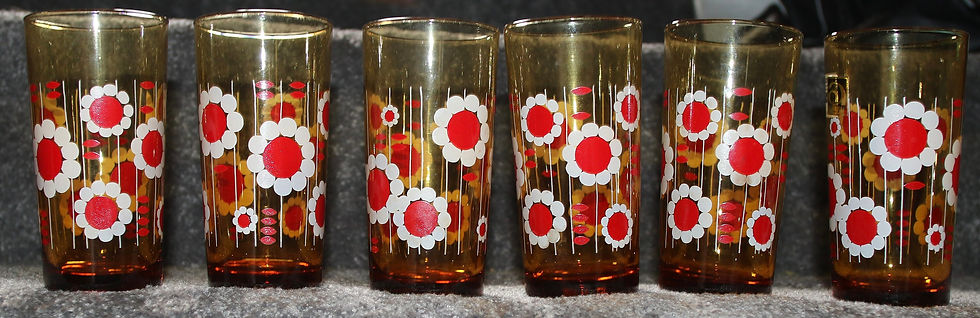 Miniatura: Preloved Aderia Glass Tumblers In Metal Carrier, Floral Glassware