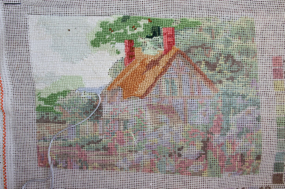 Miniatura: Preloved Bucilla Needlepoint April Cottage 4778 2000 Canvas, Partially Completed