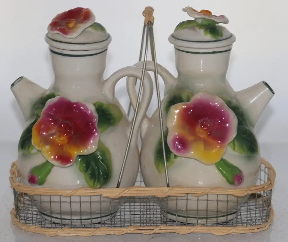 Preloved Ceramic Oil and Vinegar Bottles in Metal Caddy