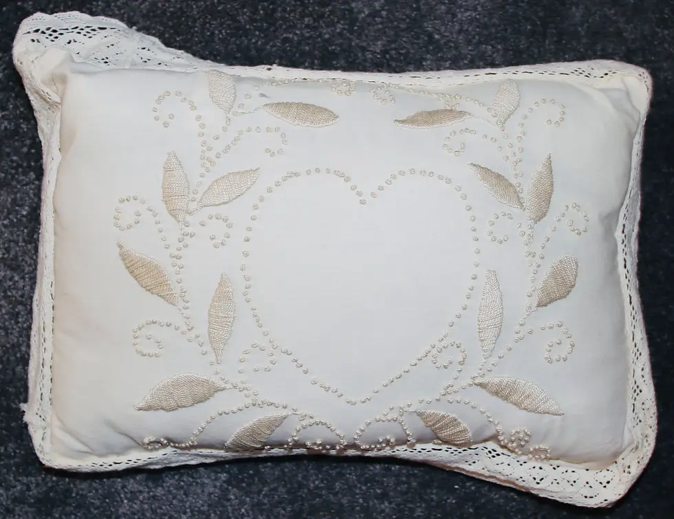 Thumbnail: Preloved Beaded Cushion, Love Heart Cushion, Needlework Cushion