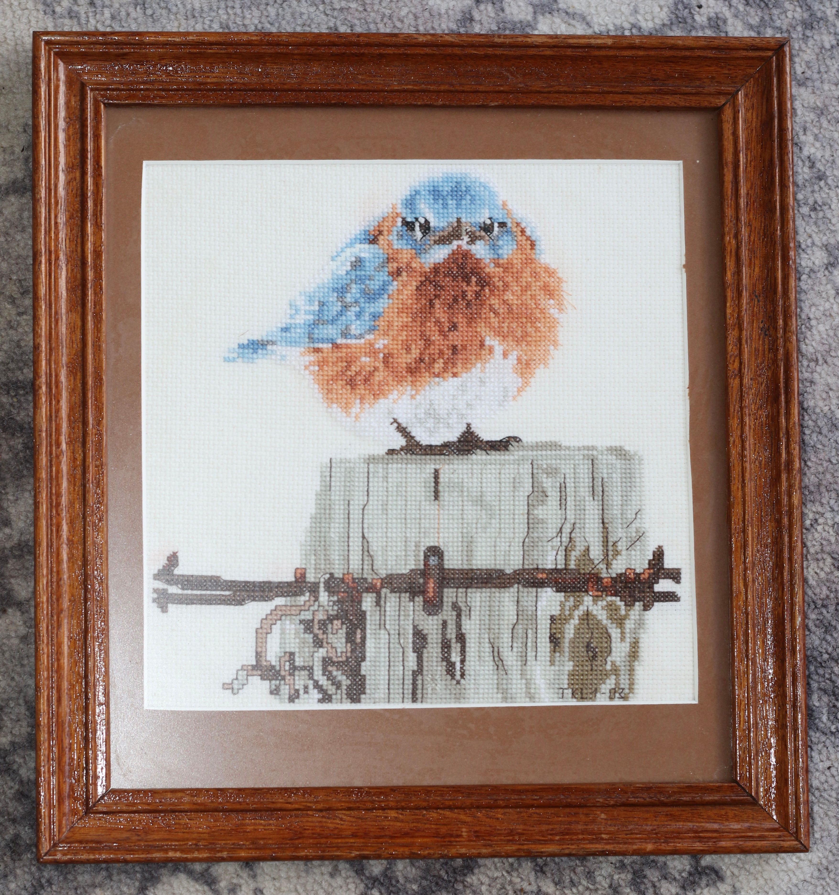 Preloved Framed Bird on a Fence Needlework Picture, Framed Needlework