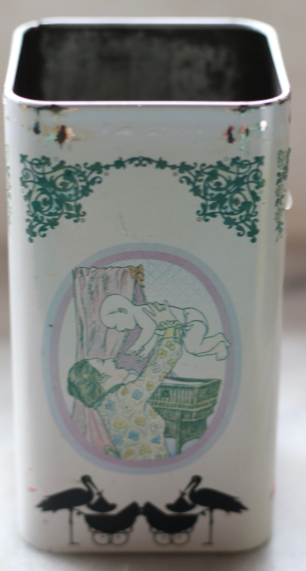Miniaturbild: Preloved Vintage New Baby De Ruijter "Roze & Witte Muisjes" New Baby Storks tin
