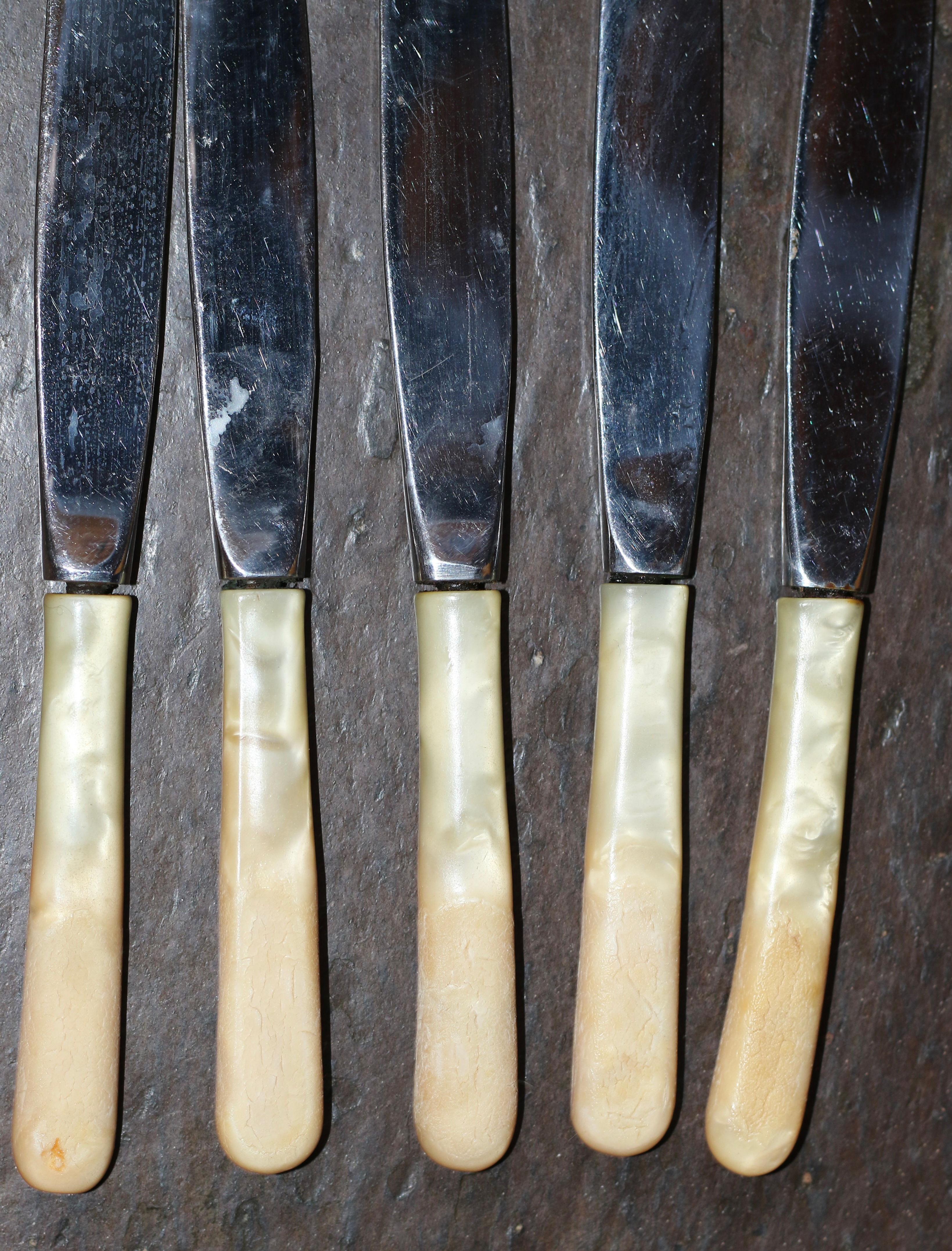 Vintage set of five Biltmore gourmet luncheon knives with celluloid handles
