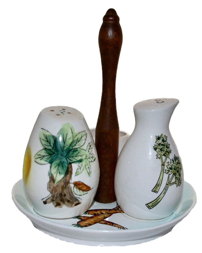 Preloved Ceramic Condiments On Wooden and Ceramic Caddy