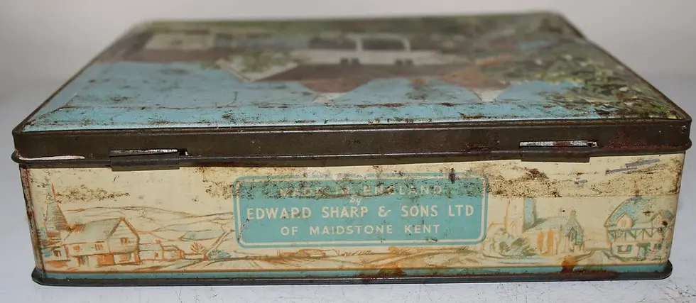 Thumbnail: Preloved  Vintage Biscuit Tin, Thatched English Farmhouse Tin