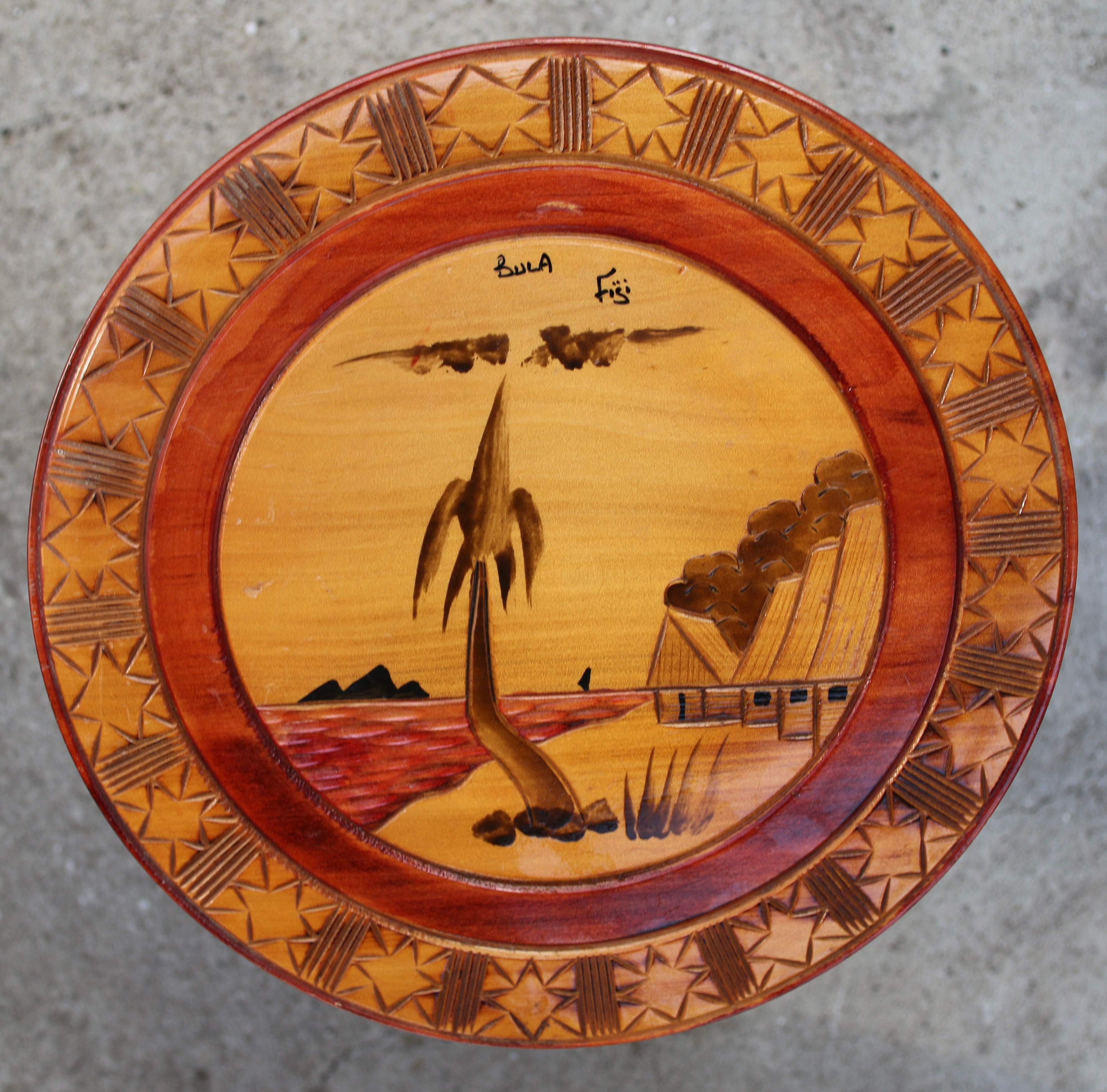 Preloved Wooden Carved Bula Fiji Side Table, Souvenir Table